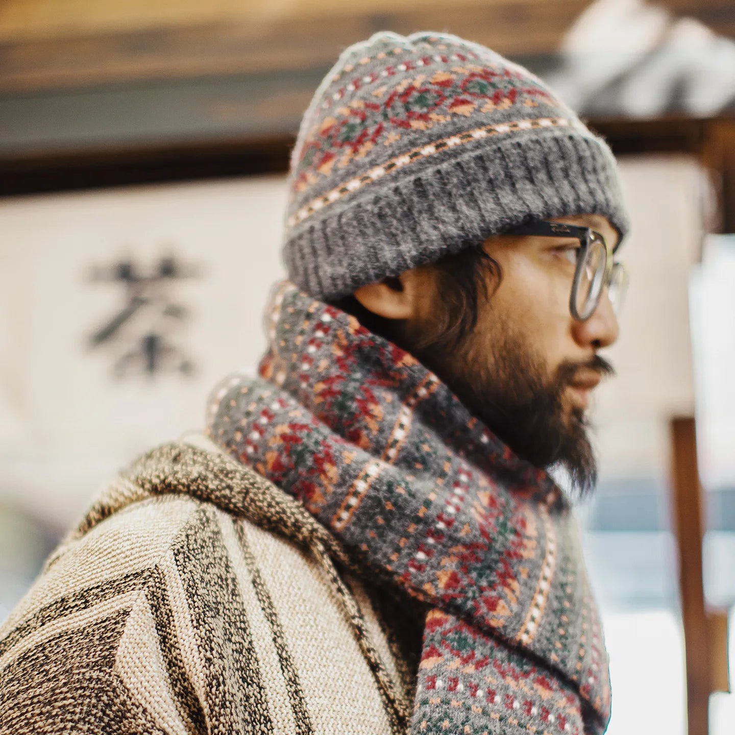 Fair Isle Beanie & Scarf Set – Windproof Nordic Knit Winter Set for Men & Women