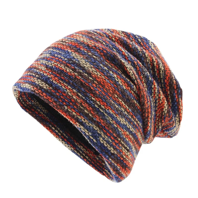 Double Fabric Colourful Beanie – Cotton Polyester Striped Knit Hat for Men & Women