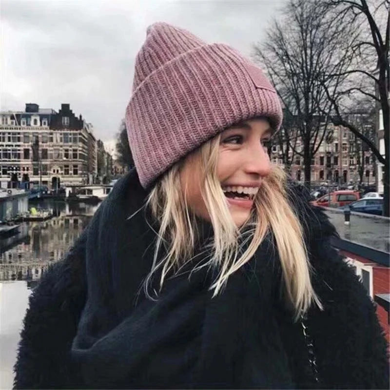 Smiling Face Couple Beanie – Wool Blend Knit Hat for Women