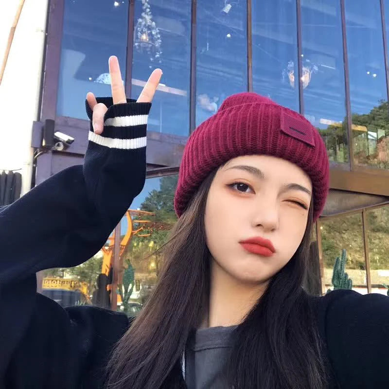 Smiling Face Couple Beanie – Wool Blend Knit Hat for Women