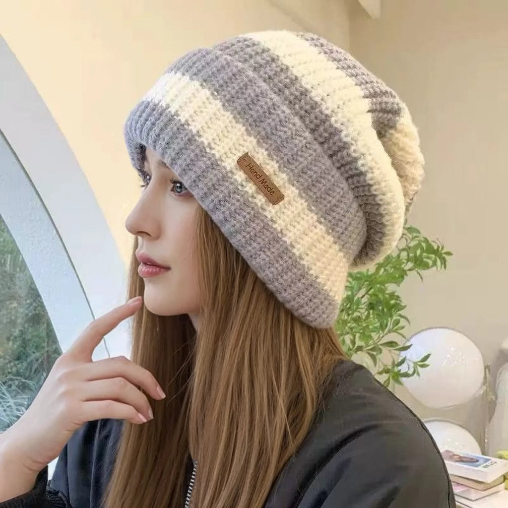 Slouchy Stripe Knit Beanie – Relaxed Streetwear Winter Hat for Women & Men