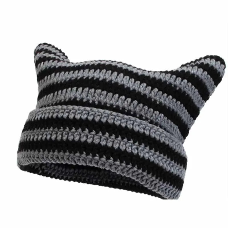 Cat Ear Stripe Knit Beanie – Playful Striped Winter Hat for Women & Girls
