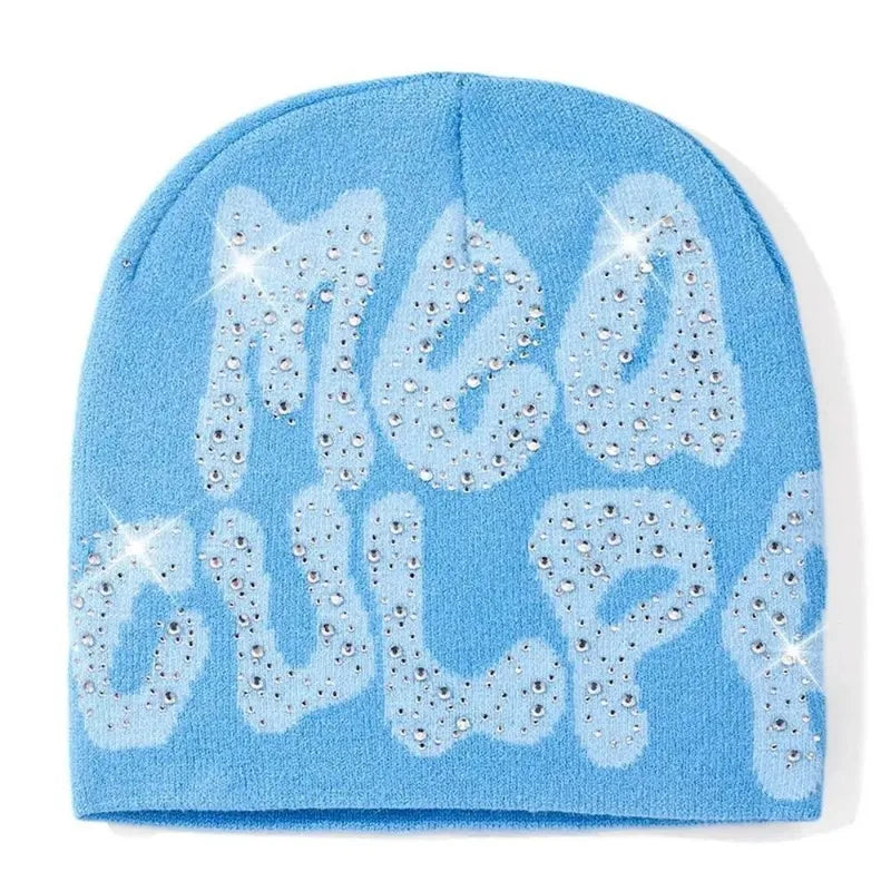 Mea Culpa Rhinestone Beanie – Y2K Hip-Hop Knit Hat for Men & Women