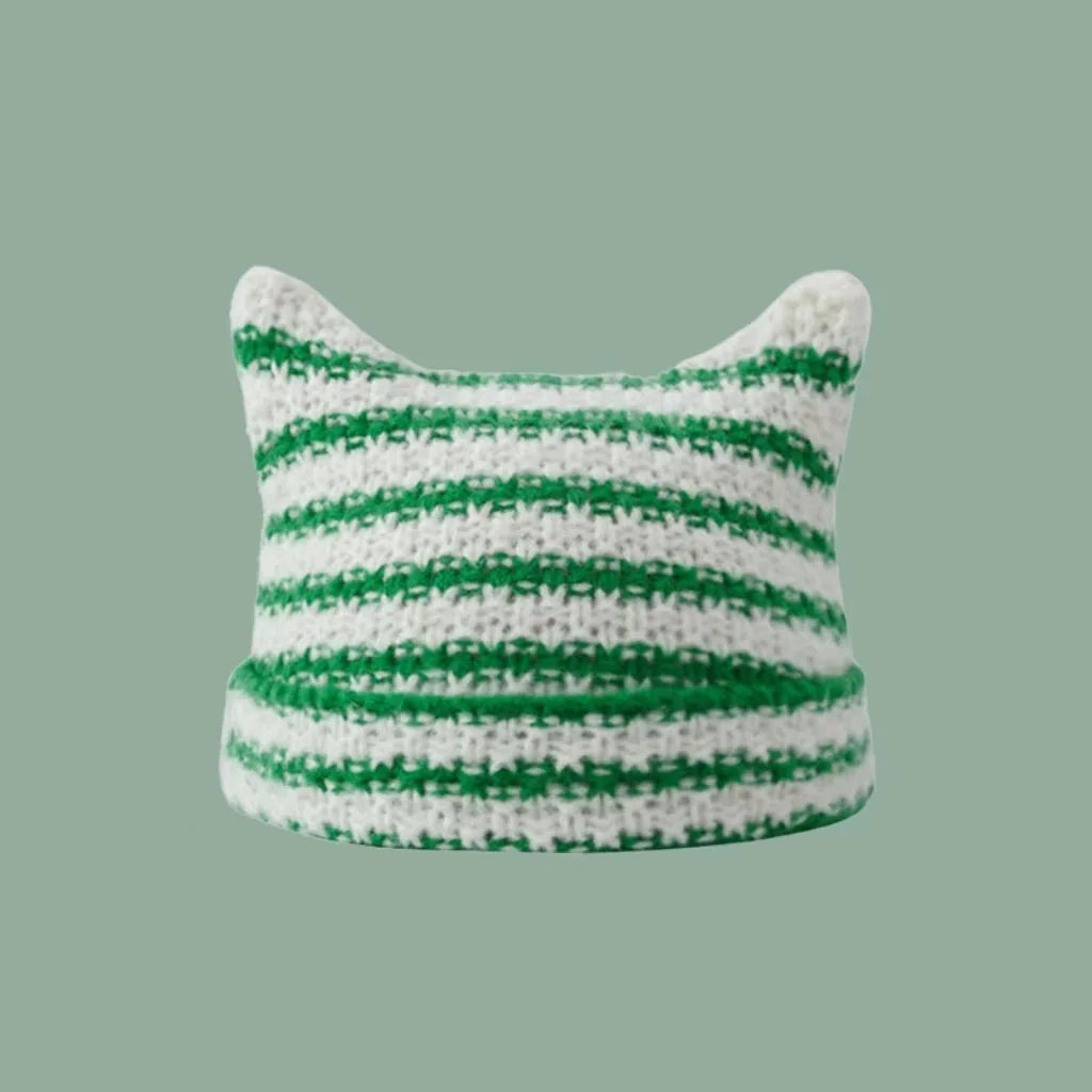 Harajuku Cat Ear Beanie – Japanese Streetwear Striped Knit Hat for Women
