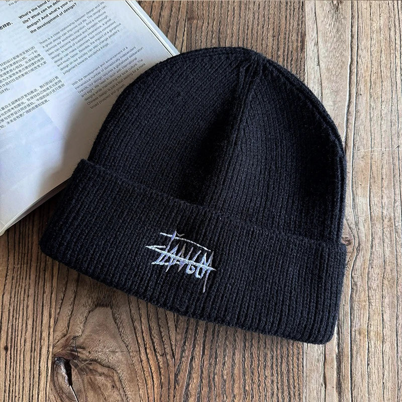 Embroidered Letter Beanie – Soft Acrylic Knit Winter Hat for Men & Women