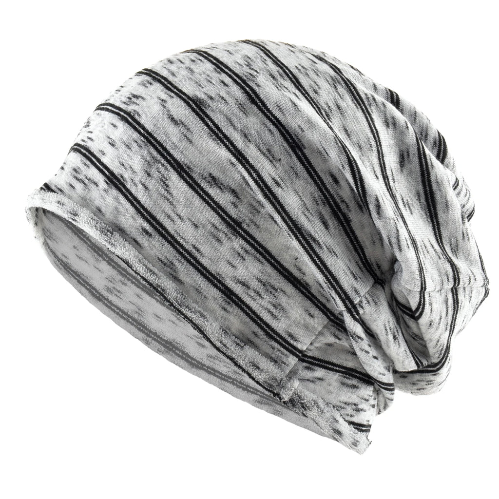 Striped Slouch Beanie – Polyester Viscose Knit Slouchy Hat for Men & Women