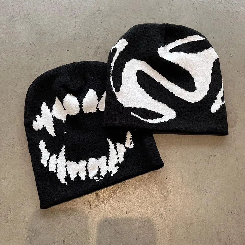 Gothic Streetwear Beanie – Dark Bold Knit Winter Hat for Men & Women