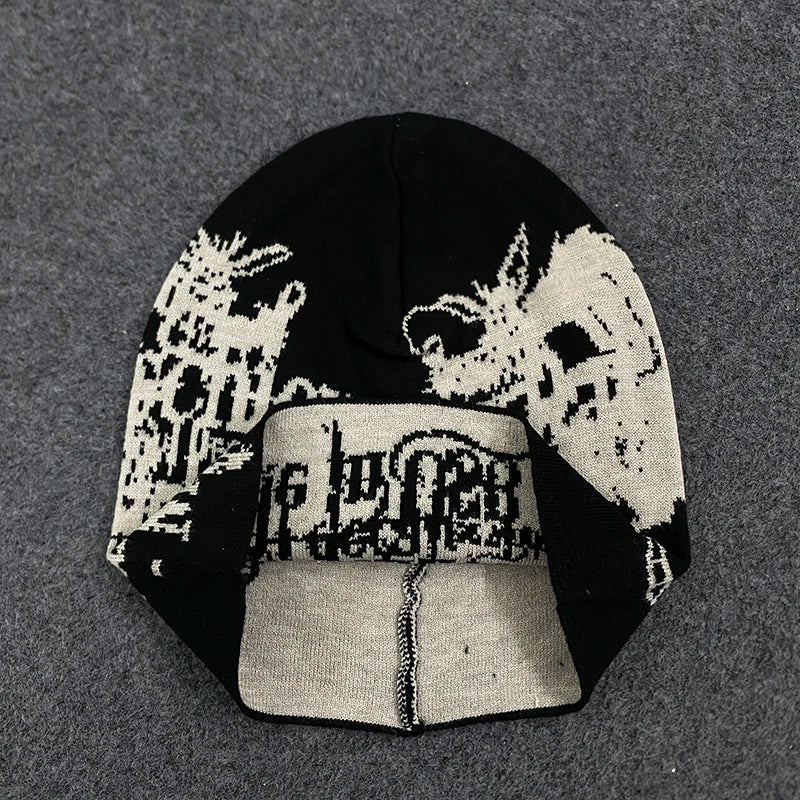 Gothic Dragon Print Beanie – Black Y2K Punk Streetwear Knit Hat