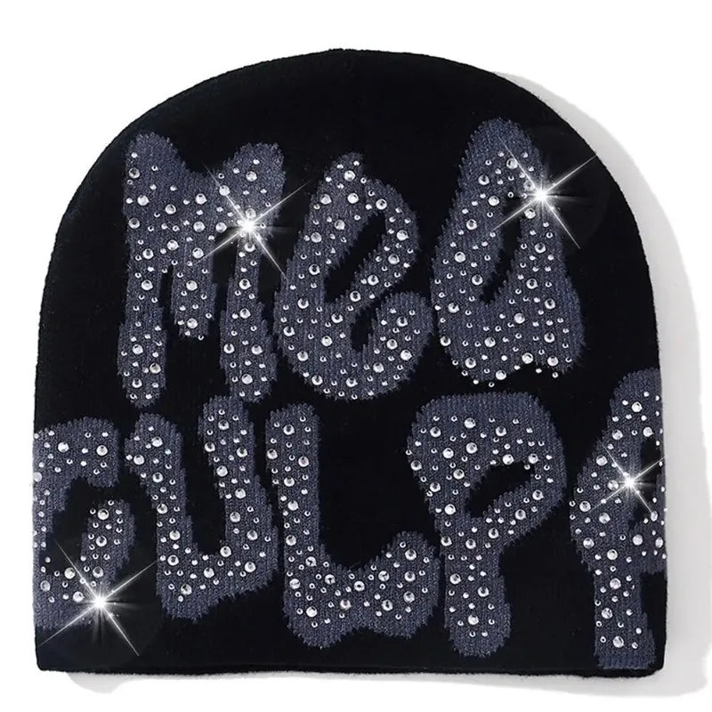 Mea Culpa Rhinestone Beanie – Y2K Hip-Hop Knit Hat for Men & Women