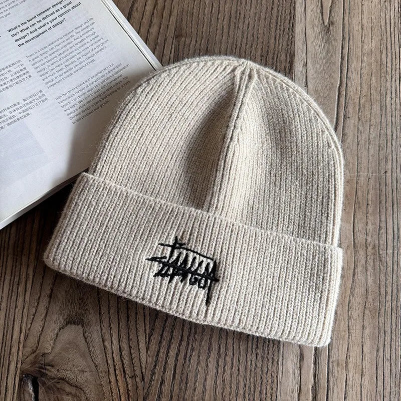 Embroidered Letter Beanie – Soft Acrylic Knit Winter Hat for Men & Women
