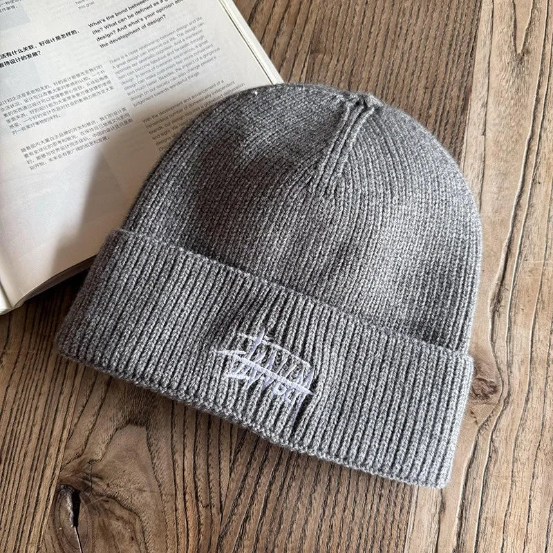 Embroidered Letter Beanie – Soft Acrylic Knit Winter Hat for Men & Women