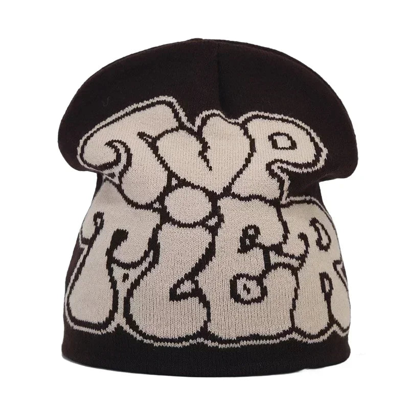 Y2K Letter Cargo Beanie – Polyester Knit Skull Cap for Men & Women