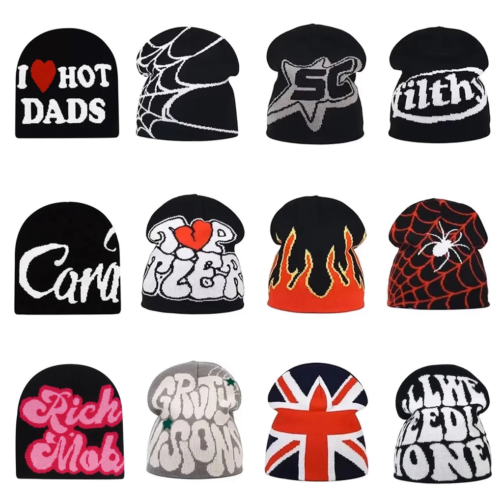 Y2K Letter Cargo Beanie – Polyester Knit Skull Cap for Men & Women