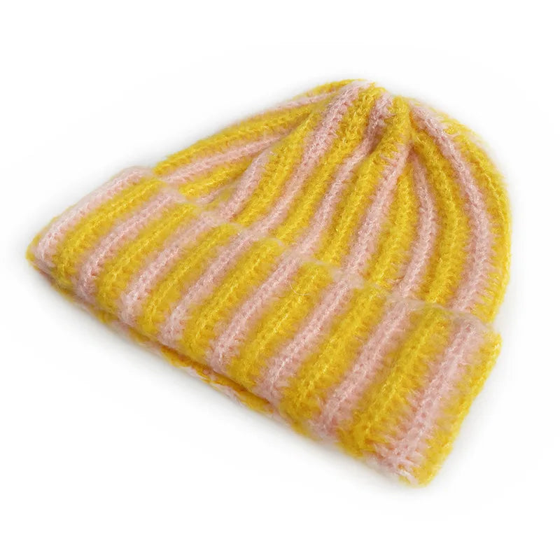 Korean Feather Yarn Striped Beanie – Soft Knit Winter Hat for Women & Men