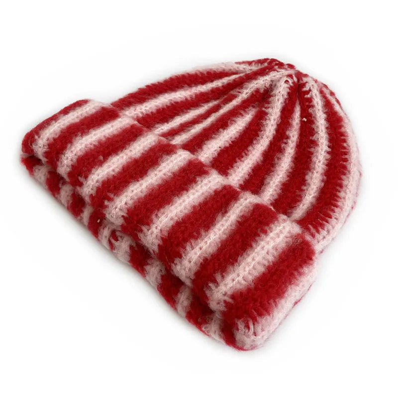 Korean Feather Yarn Striped Beanie – Soft Knit Winter Hat for Women & Men