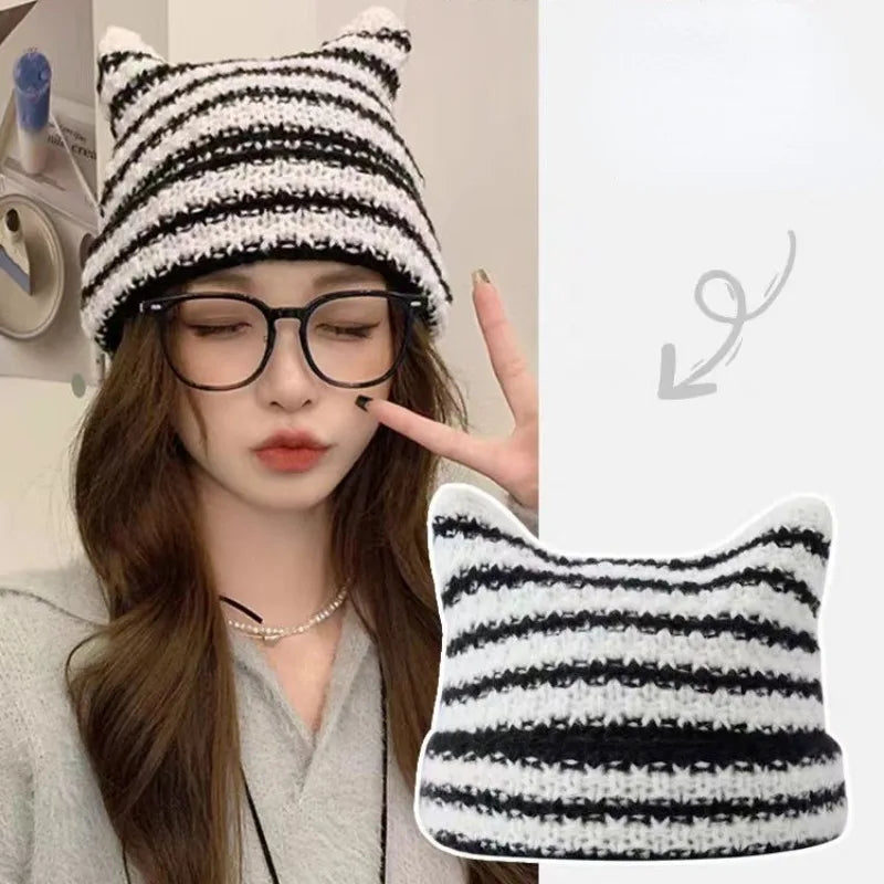 Harajuku Cat Ear Beanie – Japanese Streetwear Striped Knit Hat for Women