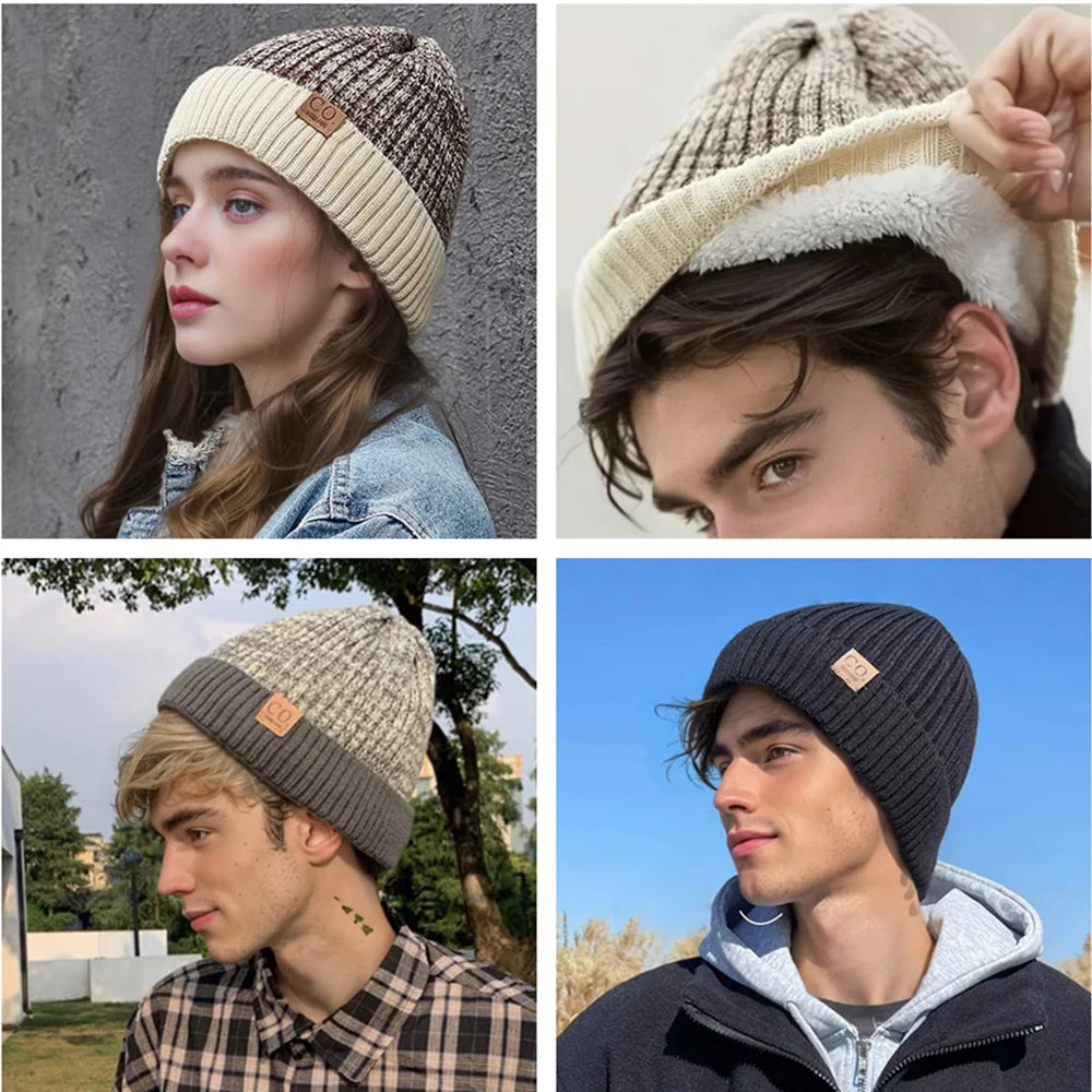 Two-Tone Winter Beanie – Fur-Lined Colour Block Knit Hat for Men & Women