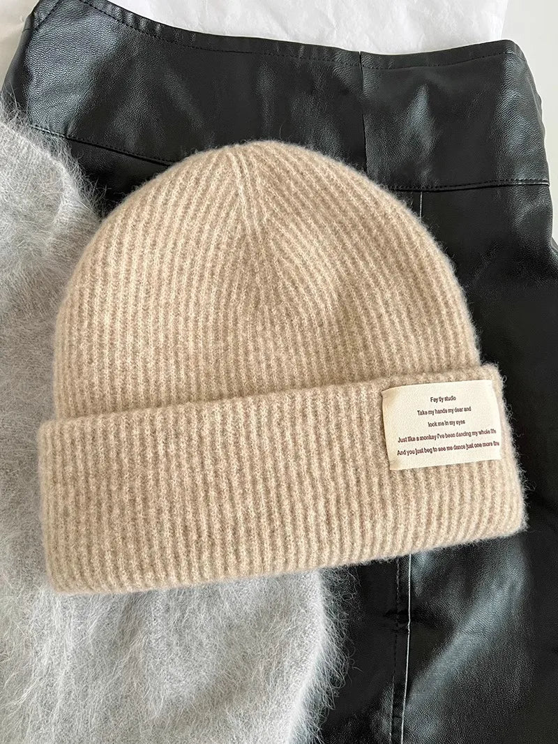 Chunky Oversized Wool Beanie – Wool Polyester Blend Korean Aesthetic Knit Hat for Women