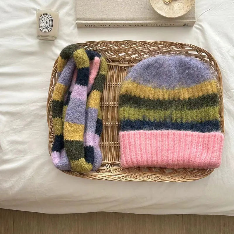Rainbow Striped Beanie & Scarf Set – Wool Blend Winter Accessories for Men & Women
