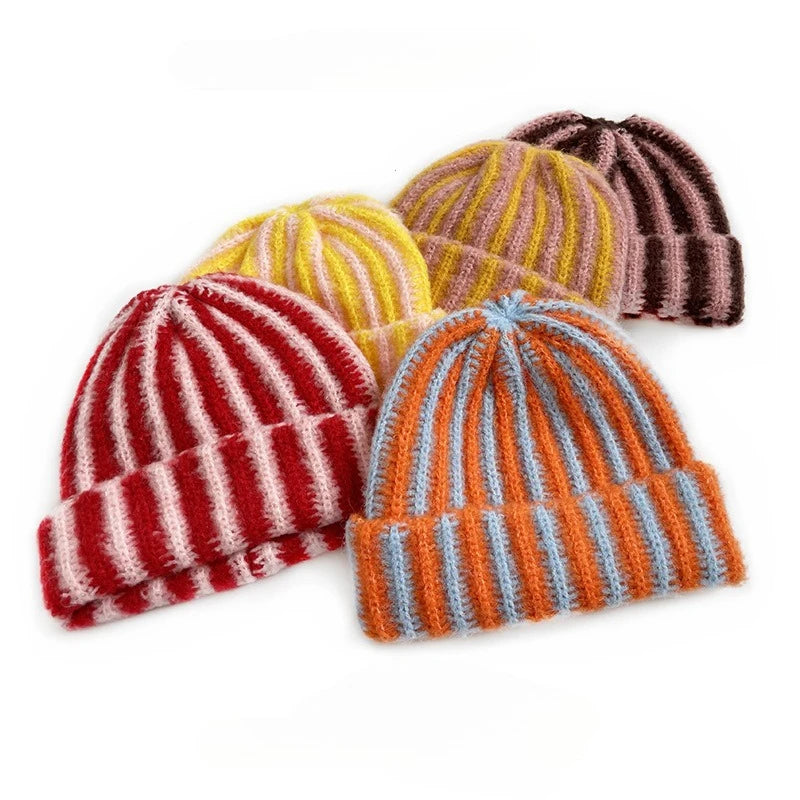 Korean Feather Yarn Striped Beanie – Soft Knit Winter Hat for Women & Men