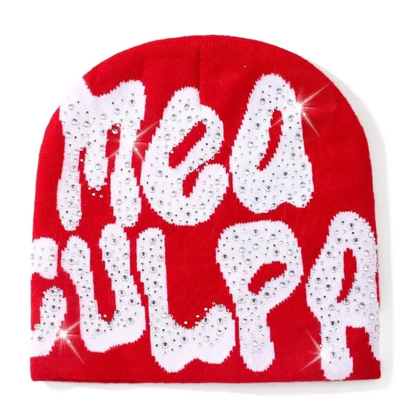 Mea Culpa Rhinestone Beanie – Y2K Hip-Hop Knit Hat for Men & Women