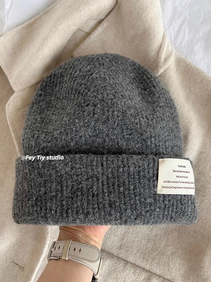 Chunky Oversized Wool Beanie – Wool Polyester Blend Korean Aesthetic Knit Hat for Women
