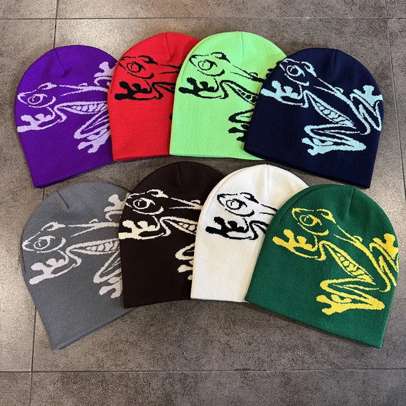 Tree Frog Print Beanie – Stretchy Knit Hat for Outdoor Sports & Streetwear