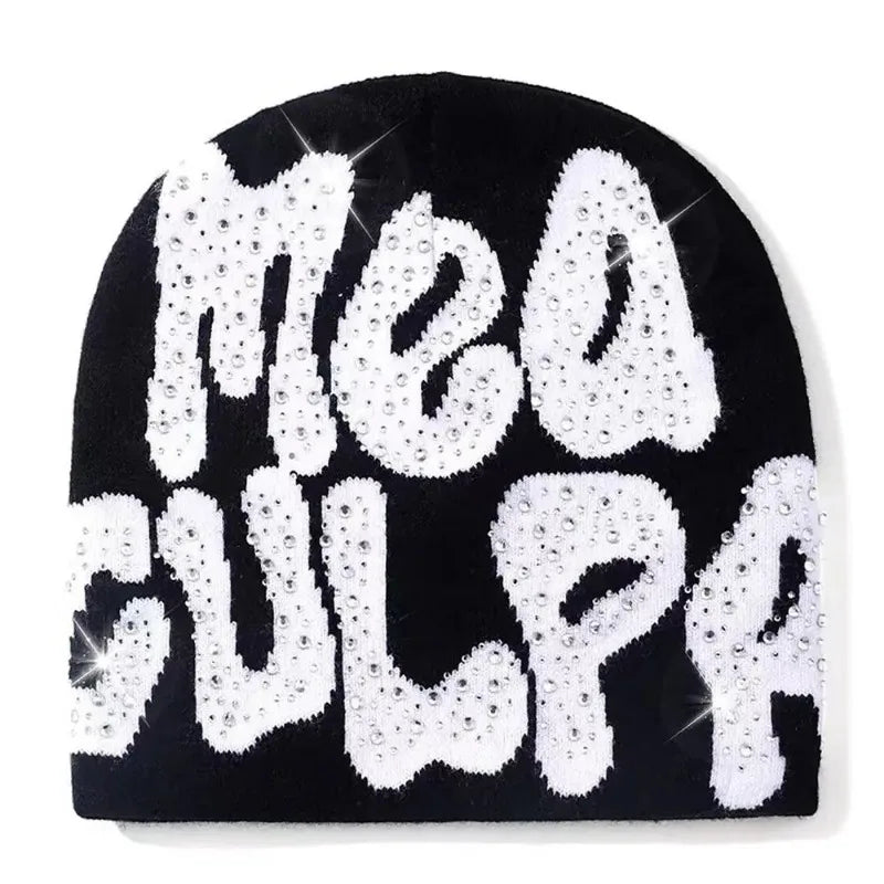 Mea Culpa Rhinestone Beanie – Y2K Hip-Hop Knit Hat for Men & Women