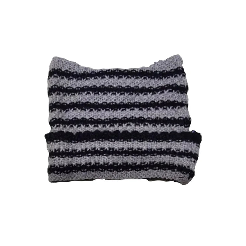 Harajuku Cat Ear Beanie – Japanese Streetwear Striped Knit Hat for Women