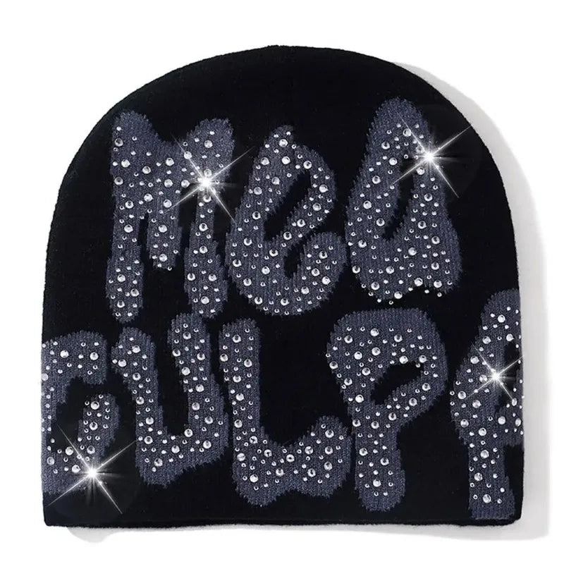 Mea Culpa Rhinestone Beanie – Y2K Hip-Hop Knit Hat for Men & Women