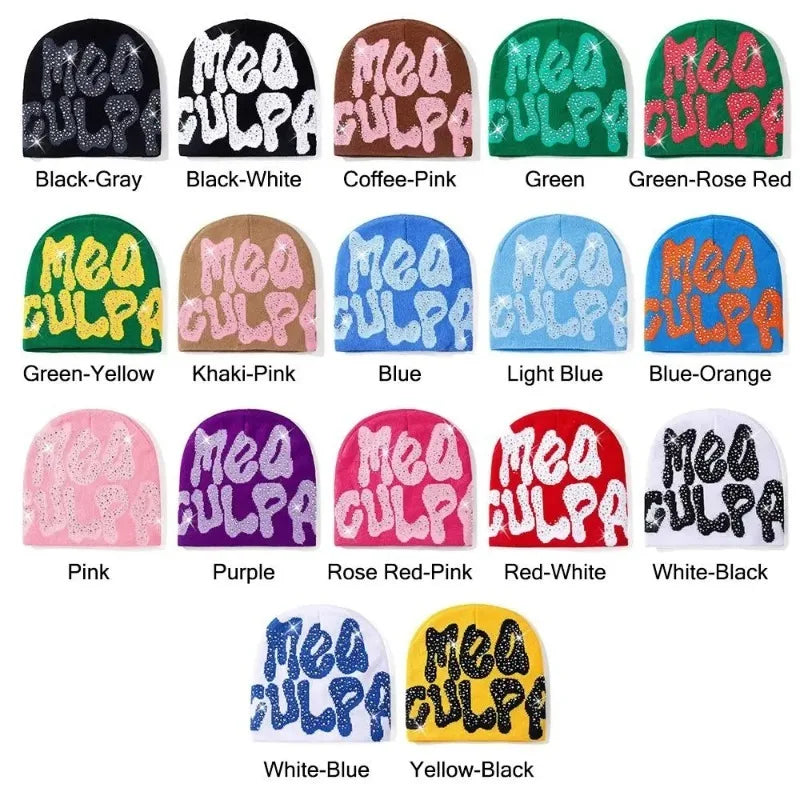 Mea Culpa Rhinestone Beanie – Y2K Hip-Hop Knit Hat for Men & Women