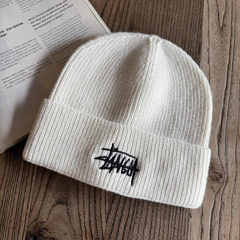 Embroidered Letter Beanie – Soft Acrylic Knit Winter Hat for Men & Women