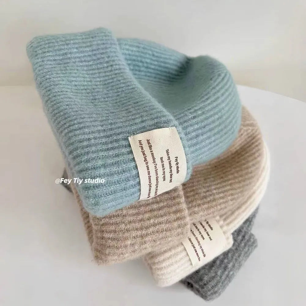 Chunky Oversized Wool Beanie – Wool Polyester Blend Korean Aesthetic Knit Hat for Women