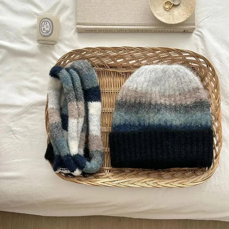 Rainbow Striped Beanie & Scarf Set – Wool Blend Winter Accessories for Men & Women