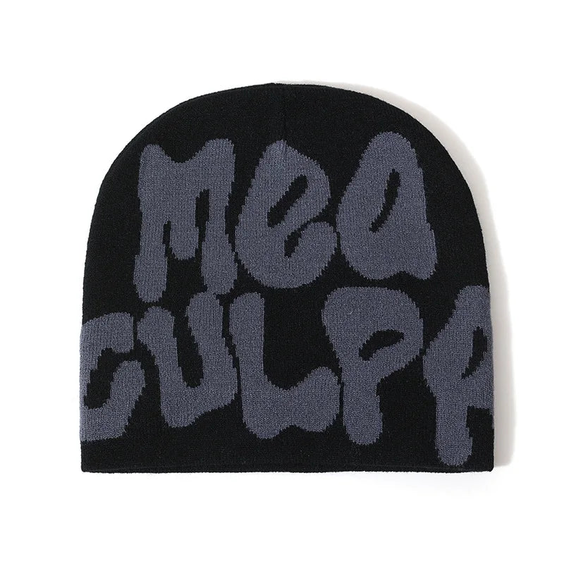 Mea Culpa Y2K Kpop Beanie – Letter Knit Cap for Women