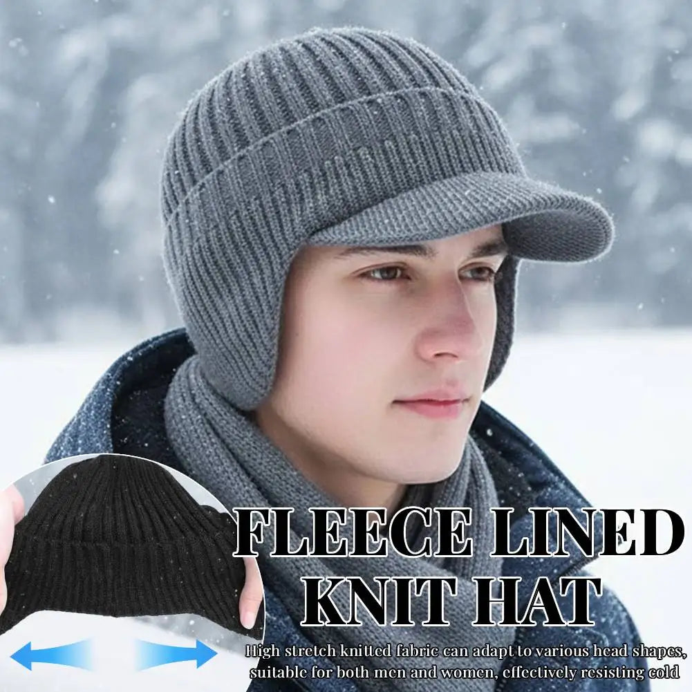 Fleece-Lined Earflap Beanie – Plush Knit Winter Hat with Visor for Men & Women