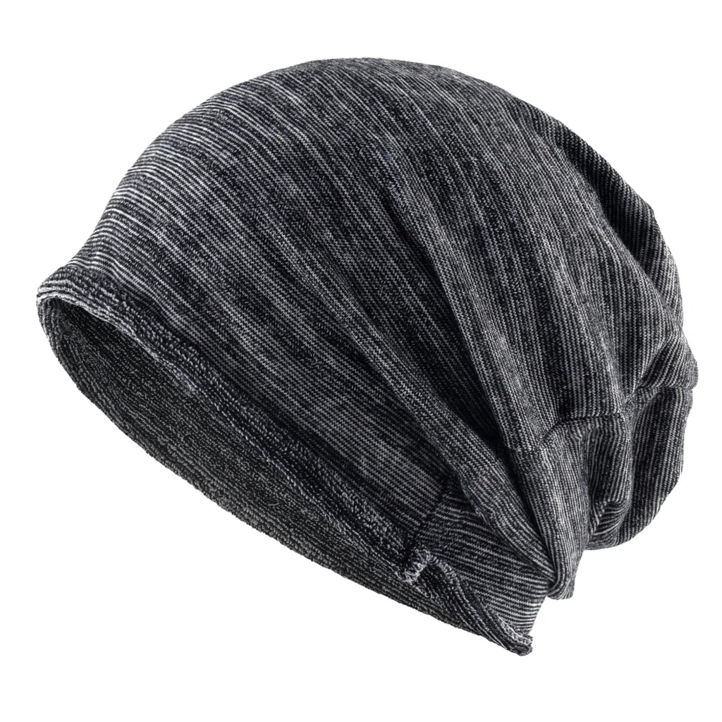Striped Slouch Beanie – Polyester Viscose Knit Slouchy Hat for Men & Women