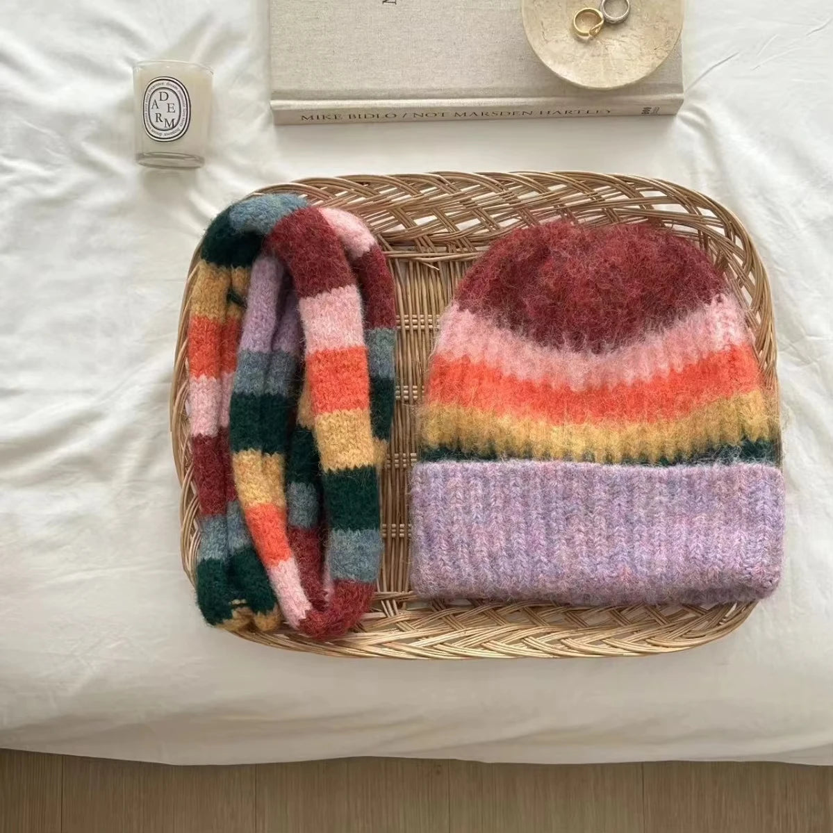 Rainbow Striped Beanie & Scarf Set – Wool Blend Winter Accessories for Men & Women