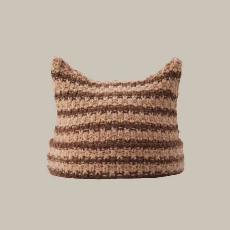 Cat Ear Stripe Knit Beanie – Playful Striped Winter Hat for Women & Girls