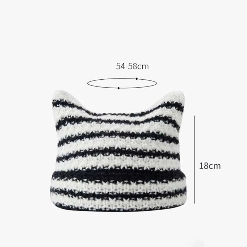 Cat Ear Stripe Knit Beanie – Playful Striped Winter Hat for Women & Girls