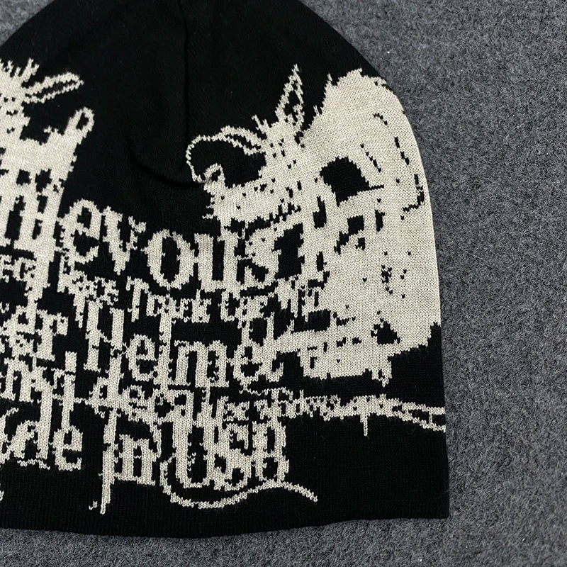 Gothic Dragon Print Beanie – Black Y2K Punk Streetwear Knit Hat
