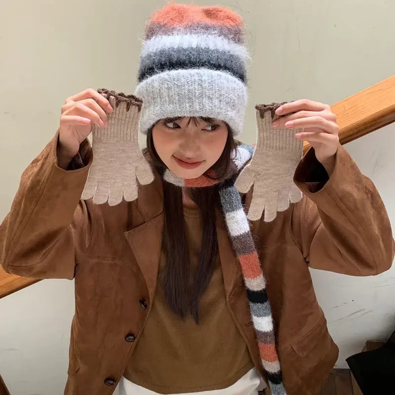 Rainbow Striped Beanie & Scarf Set – Wool Blend Winter Accessories for Men & Women