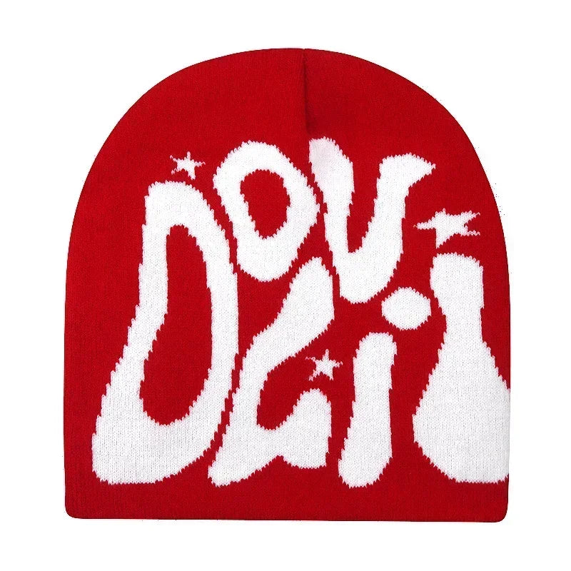 Y2K Letter Cargo Beanie – Polyester Knit Skull Cap for Men & Women