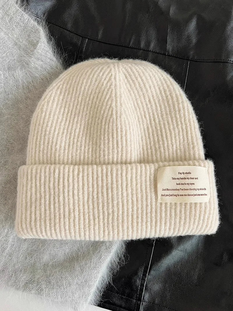 Chunky Oversized Wool Beanie – Wool Polyester Blend Korean Aesthetic Knit Hat for Women