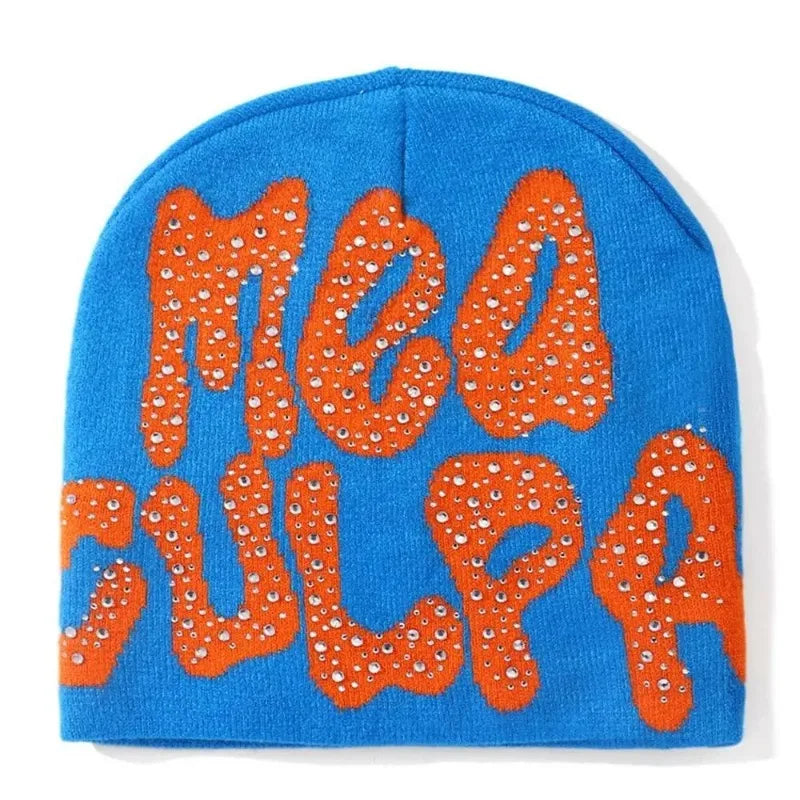 Mea Culpa Rhinestone Beanie – Y2K Hip-Hop Knit Hat for Men & Women