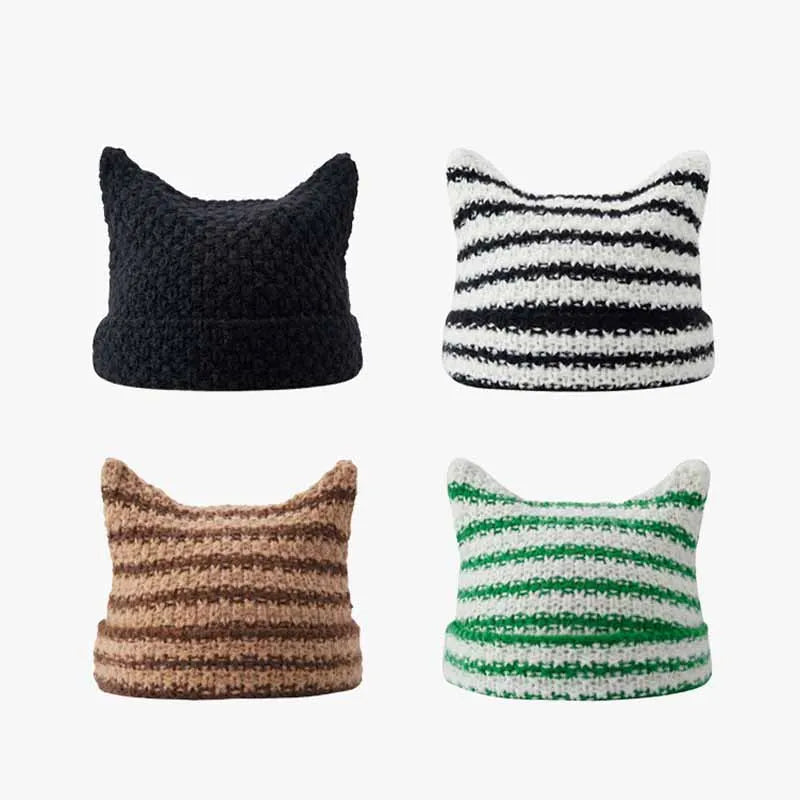 Cat Ear Stripe Knit Beanie – Playful Striped Winter Hat for Women & Girls
