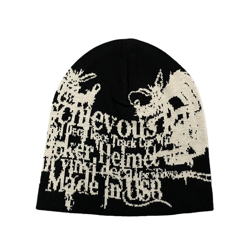 Gothic Dragon Print Beanie – Black Y2K Punk Streetwear Knit Hat