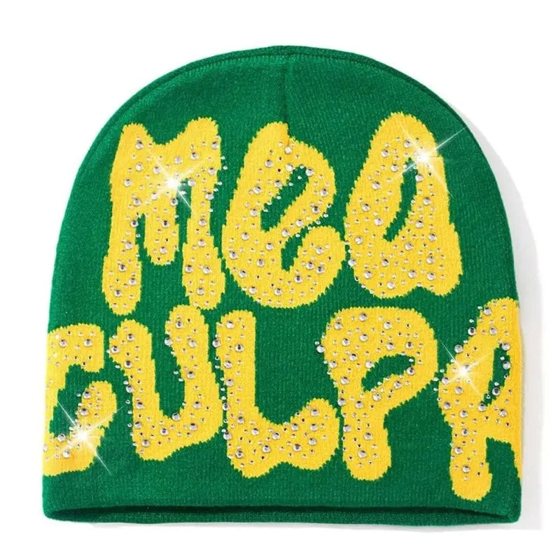 Mea Culpa Rhinestone Beanie – Y2K Hip-Hop Knit Hat for Men & Women