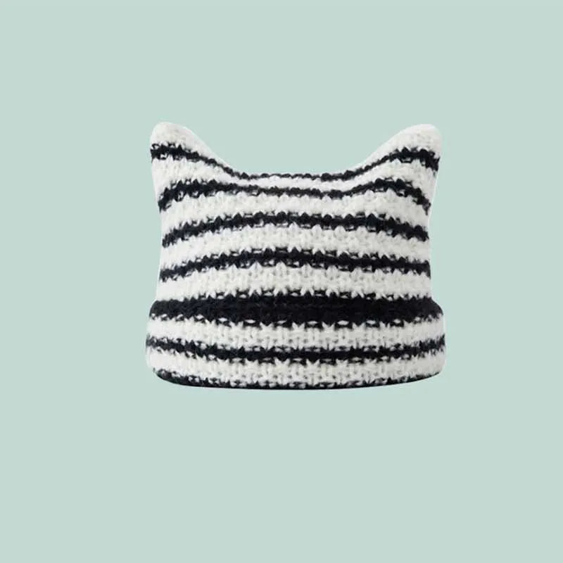 Cat Ear Stripe Knit Beanie – Playful Striped Winter Hat for Women & Girls