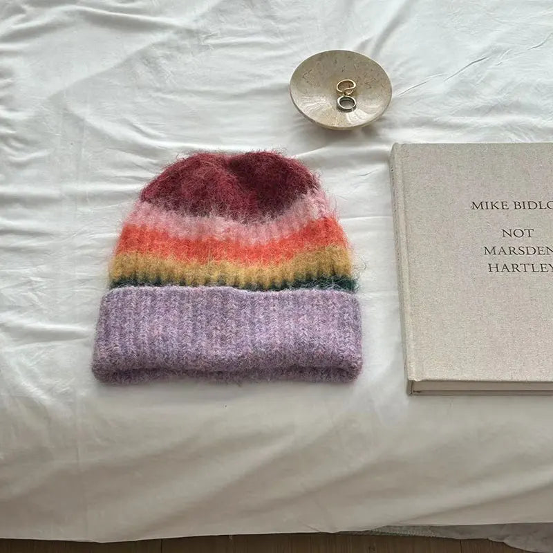Rainbow Striped Beanie & Scarf Set – Wool Blend Winter Accessories for Men & Women
